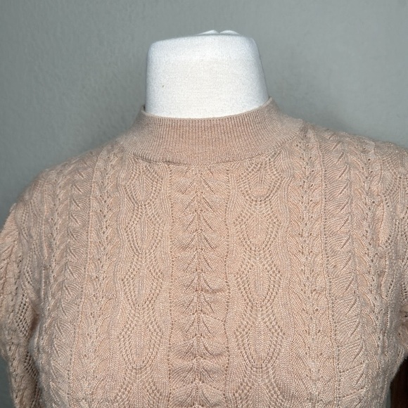 Demylee x J. Crew Limited Edition Pointelle Puff Sleeve Wool Sweater Camel MED - Picture 12 of 14